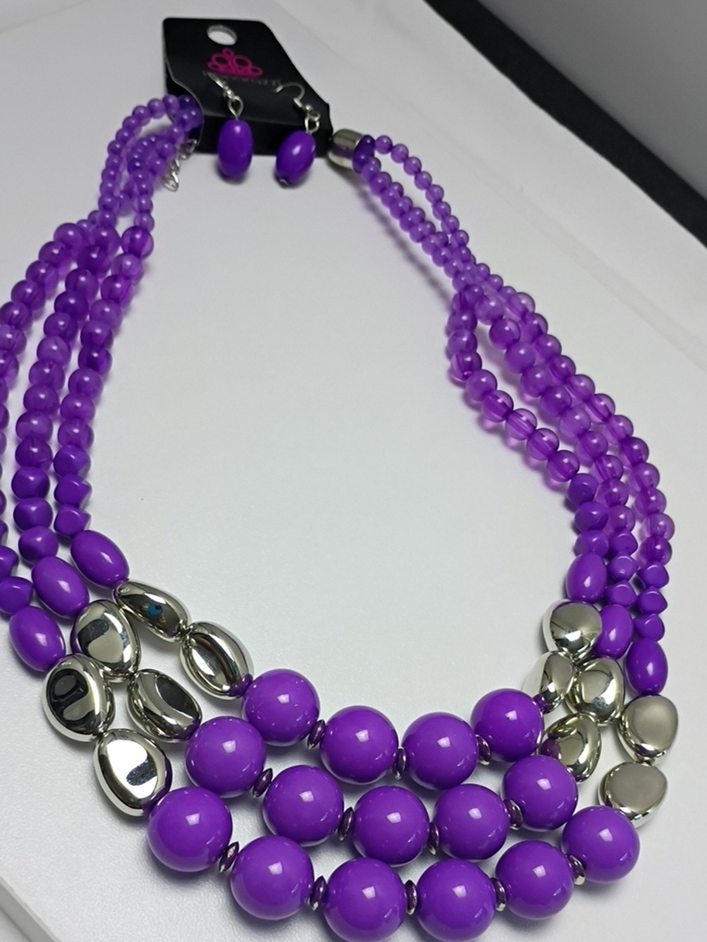 Purple Multi-Strand Bead Necklace and Earring Set